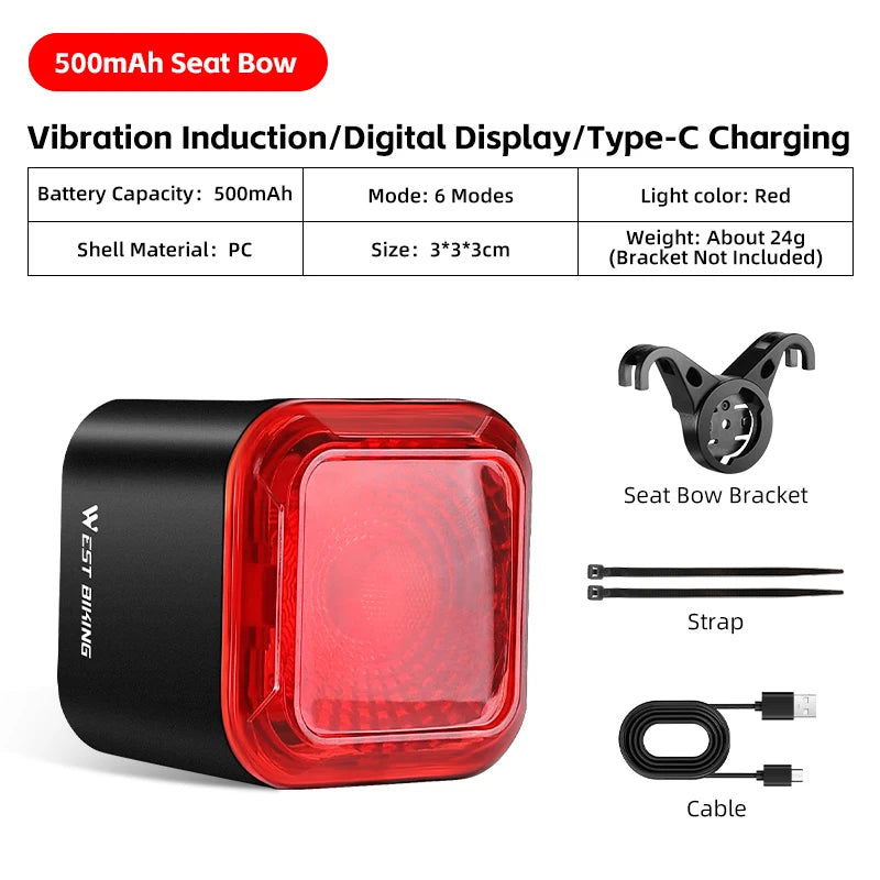 WEST BIKING 500mAh Rear Light – Brake Sensor, Auto Start, IP55